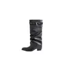 Botas altas de punta para mujer, piel de vaca, tacón grueso, versátiles, remaches, fruncidas, caídas, tacón medio, correa con hebilla, botas de caña ancha