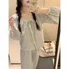 Pijama de cuadros florales para mujer, conjunto de manga larga para primavera y otoño, dulce ropa de casa con encaje, estilo de celebridad de internet, venta al por mayor transfronteriza