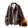 Chaqueta de Cuero Grueso con Forro de Felpa para Hombre con Cuello Solapa, Abrigo Cálido de Invierno, Chaqueta de Cuero Casual Retro Americana