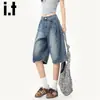 Shorts de Mezclilla Azules Vintage para Mujer Verano 2025 Modernos Versátiles Nuevos Delgados Estilo Americano de Pierna Ancha Curva a la Rodilla