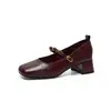 Zapatos Mary Jane Color Borgoña Zhr para Mujer 2026 Verano Nuevos Estilo Francés Tacón Medio Flor de Camelia Tacón Grueso Boca Baja Zapatos de una Sola Pieza