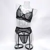 Bestseller transfronterizo: Conjunto de lencería sexy de encaje transparente con sujetador con aros, portaligas y anillos para las piernas, conjunto erótico de puro deseo