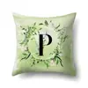 Funda de almohada de poliéster decoración de coche hojas verdes frescas 26 letras inglesas impresas funda de cojín QTB38