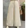 Pantalones Casuales Versátiles de Cintura Elástica con Lazo Adelgazantes de Algodón Lino Bordado Elegantes de Pierna Ancha Nuevos Pantalones de Verano para Mujer