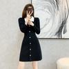 Falda negra de punto estilo Hepburn para mujer, nuevo estilo de otoño, estilo Chanel, cintura alta, corte A, base, manga larga, vestido tipo suéter