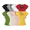 Camiseta Top de Mujer 2026 Primavera/Verano Nuevo Ajuste Delgado Color Sólido Diario con Adorno de Encaje Cuello Redondo Manga Corta