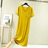 Vestido Feminino Curto de Manga Curta com Gola V e Bolso, Fino de Verão, Algodão Modal, Saia Base Solta Casual, Cobrindo a Barriga, Emagrecimento, Saia Longa