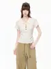 Camiseta de Manga Corta con Volantes y Botones Color Albaricoque para Mujer, Diseño Coreano Verano 2026, Top Delgado que Ceñe la Cintura