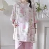 Familia Algodón Seda 2026 Nuevo Estilo Chino Pijama de Algodón Seda para Mujer, Conjunto de Manga Corta de Algodón Artificial Estilo Chino, Se Puede Usar Afuera, Estilo Delgado