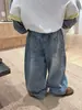 Pantalones de niño WO, colección otoño 2026, mezclilla lavada a rayas, pantalones largos casuales de pierna ancha para niños, modernos
