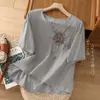 Camisa original de exportação vintage estilo japonês de algodão e linho de manga curta, tamanho grande, modelagem solta, top bordado de algodão e linho