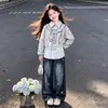 Elegante Casual Primavera/Otoño Estilo Coreano Académico Personalidad Rayas Bloques de Color Patchwork Top Versátil Conjunto de Jeans para Niñas