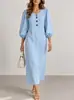 Nuevo vestido largo de moda europea y americana transfronterizo para mujer, cuello en V, botón de madera, manga abullonada, suelto, casual, que disimula la barriga, adelgazante, para vacaciones
