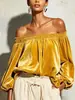 2026 Nuevo Top de Terciopelo Off-Shoulder Estilo Europeo y Americano con Mangas de Linterna Sueltas y un Ambiente Atmosférico para Mujer