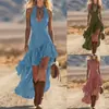 Nueva Ropa para Mujer Estilo Europeo y Americano para Comercio Transfronterizo: Vestido Largo Espalda Descubierta con Cuello Halter, Corte Ajustado, Dobladillo Irregular (Alto-Bajo), Vestido con Volantes
