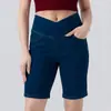 Shorts de mezclilla de punto ajustados de cintura alta cruzada para mujer, shorts de mezclilla casual de longitud media para verano