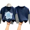 Camiseta de algodão puro de manga longa para meninas, estilo primavera e outono, corte solto, blusa base estilo duas peças falsas, gola redonda estilosa para meninas