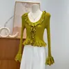 Puro Deseo Estilo Chica Picante Suéter de Punto de Manga Larga para Mujer Otoño Invierno Nuevo Cuello con Volantes Adelgazante Chic Top Corto