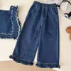 Conjunto para Niñas Otoño 2025 Nuevo Chaleco de Mezclilla Elegante Pantalones Anchos Sueltos Moda Infantil Estilo Bosque Conjunto de Tres Piezas