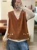 26 Primavera Nuevo Estilo Bordado Hilo de Algodón Cuello en V Retro Artístico Chaleco Tejido Holgado Casual Chaleco Superior para Mujer