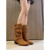 Botas de Caballero de Punta Fina con Tacón Grueso Estilo Retro Maillard para Mujer con Hebilla de Cinturón Botas de Media Pantorrilla Versátiles y de Moda