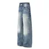 G6965 High Street Estilo Americano Unisex Azul Lavado Vintage Hecho a Mano Diseño de Patrón de Bigotes Jeans Sueltos para Hombre