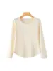 Nuevo top de otoño de punto acanalado con cuello redondo y manga larga, moda simple y elegante, cómoda camiseta básica con dobladillo curvo, color liso para mujer