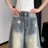 Shorts de mezclilla retro americanos con estampado de estrellas para mujer, lavado desgastado, pantalones casuales holgados de pierna ancha cropped