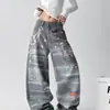 Comércio Transfronteiriço Jeans Feminino Retrô Americano Romântico Lavado Desgastado Cintura Baixa Solto Reto Perna Larga Comprimento Total