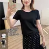 Tricô Simples de Alta Qualidade Preto e Branco em Triacetato! Ombro Quadrado Generoso Bainha Enrolada Emagrecimento Manga Curta Textura Fresca Camiseta Fina Verão