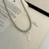 Collar de perlas con lazo gris para mujer, de alta gama, ligero, de lujo, elegante, cadena de lana, accesorios exquisitos de otoño e invierno a la moda.