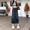 Saia Jeans Cinza Cimento Feminina Tendência Combina com Tudo Nova Cintura Alta Emagrecedora Bolso Frontal Comprimento Médio Fenda