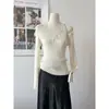 Suéter de Tricô Patchwork de Renda Cinza de Alta Qualidade Estilo Francês para Mulheres, Camada Base Outono e Inverno, Modelagem Justa, Emagrecimento, Gola Meia-Alta