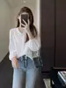 Blusa doce e jovial estilo francês com acabamento em renda, top de manga longa soltinho e modelador para mulheres, novo para o início do outono