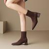 Botines Cortos Zhr de Ante con Punta Fina y Tacón Grueso para Mujer 2025 Otoño e Invierno Nuevos Versátiles Retro Elásticos Forrados de Felpa Botas para Mujer