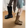 Primer Encuentro Ji Botas Largas de Gamuza Adelgazantes Botas para Mujer Punta Redonda Botas Arrugadas 2026 Otoño/Invierno Nuevas Botas Vaqueras Retro de Media Pantorrilla