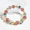 Pulseira de Cristal de Morango Natural para Mulheres, Versátil e Atraente, Pulseira Colorida de Contas de Cristal Joia de Presente