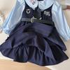 Vestido para niña 2024 Otoño Nuevo Estilo Academia Coreano Falso Dos Piezas Manga Larga Vestido Lindo de Princesa