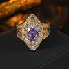 Anillo Francés Vintage Chapado en Oro Real de 24K con Corindón Rojo Paloma, Lujoso Elegante Corte Flor de Hielo Diamante Amarillo Cristal Cónico Azul Anillo para Mujer