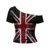 Camiseta Crop Top Sexi de Hombros Descubiertos de Manga Corta Estilo Retro Americano con Bandera Union Jack y Estampado Vintage, Corte Ajustado, Y2K