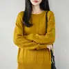 Nuevo suéter de punto de algodón 100% puro con cuello redondo para otoño e invierno para mujer, cálido y grueso, top básico de cuadros de ajuste holgado
