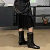 Versión de Piel de Vaca~Botas de Caballero Cuadradas Retro Británicas con Tacón de Cuña para Mujer Otoño/Invierno Nuevas Negras Adelgazantes Temperamento Western de Media Pantorrilla