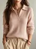 2026 popular otoño europeo y americano color liso acanalado cuello camisero polo suéter de punto cuello en V manga larga estilo casual top para mujer