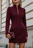 Vestido Terno Europeu e Americano Transfronteiriço 2026 Gola Alta Feminino Manga Longa Botão Único Bolso Falso Slim Fit
