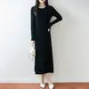 Vestido Tricô Francês Gola Redonda 100% Lã Pura para Mulheres 2026 Novo Estilo Longo Acima do Joelho Emagrecedor Vestido Suéter de Cashmere