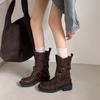 Botas de Couro Bovino Texturizado Super Descoladas e Modernas para Meninas 2025 Salto Médio Grosso Bico Redondo Couro Genuíno Cadarço Botas Curtas