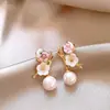 Pendientes de Tulipán con Goteo de Aceite Rosa Plateado y Circonita Pendientes Pequeños Frescos y Dulces Estilo Festivo Pendientes de Lujo Ligero para Mujer