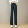 Jeans de Cashmere Espesso de Perna Larga para Mulheres no Inverno Cintura Elástica Cintura Alta Efeito Emagrecedor Tamanho Grande Gordinhas Calça Reta Forrada com Lã