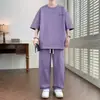 Traje de Seda de Hielo de Cuello Redondo Estilo Hong Kong para Hombre, Nuevo Versátil Casual Holgado Moda de Gama Alta de Manga Corta con Pantalón Largo Conjunto de Dos Piezas para Hombre
