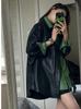 Conjunto de Dos Piezas: Chaqueta Retro Genial de Cuero PU Negro + Camisa Casual Holgada a la Moda con Cuello Polo Verde